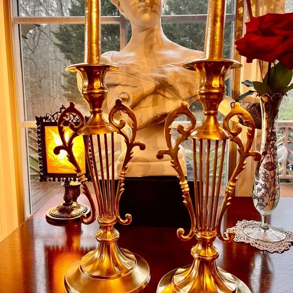 Pair of Lyre Shaped Brass Candle Holders 10-1/8